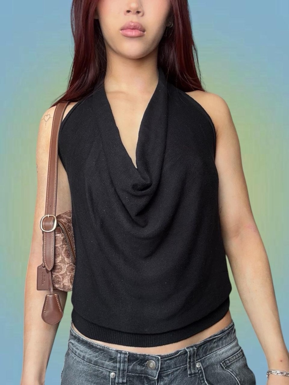 OAK + FORT Black Draped Halter Tank Top